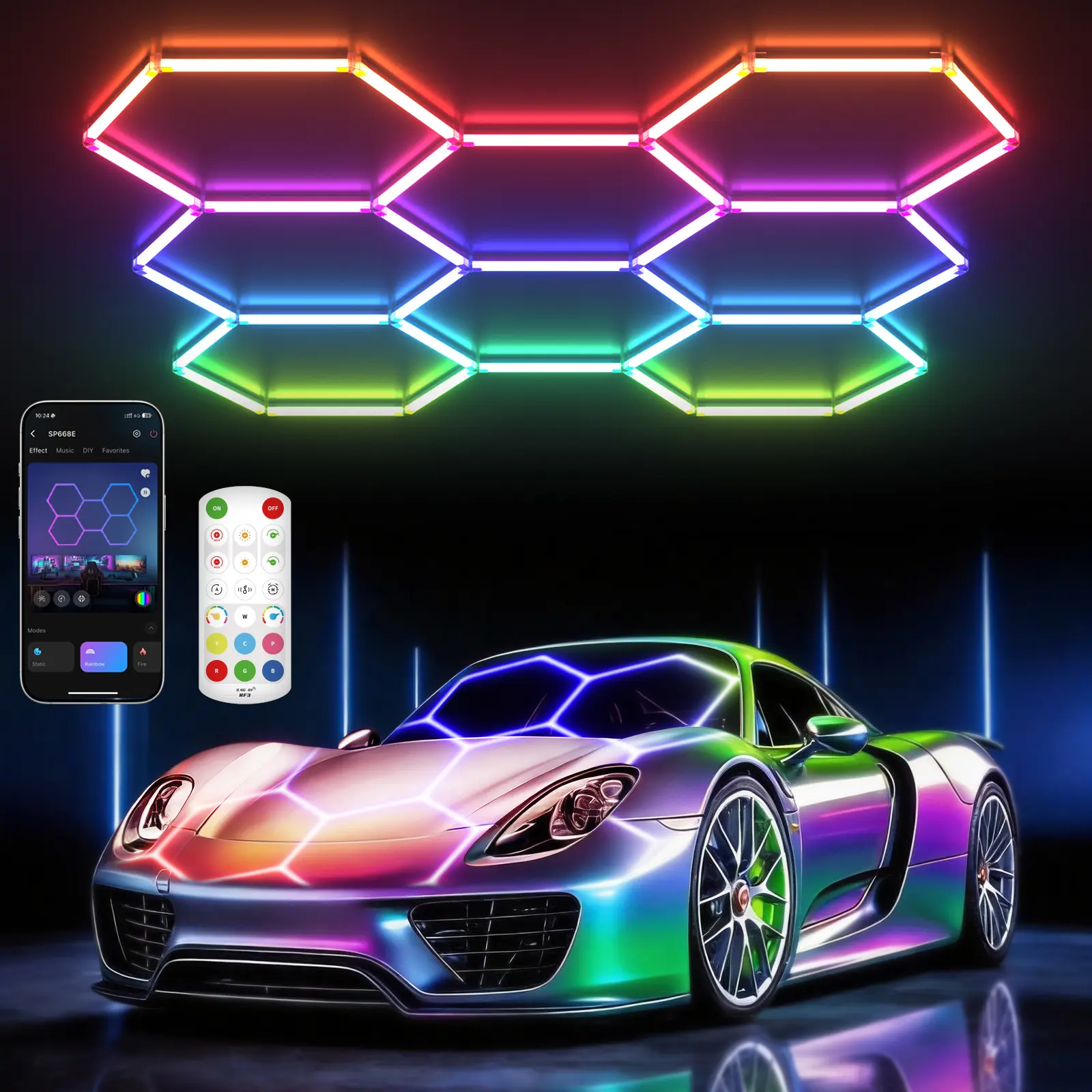 HYPERLITE RGB Hexagonal Honeycomb Light, Modular Garage Light System, Smart LED Hexagon Garage Lights for Ceiling or Wall, DIY Color Lighting PanelsMusic Sync, Remote Control, Decorative Honeycomb Light Garage, Gaming Room, Party Dealsforyoudays