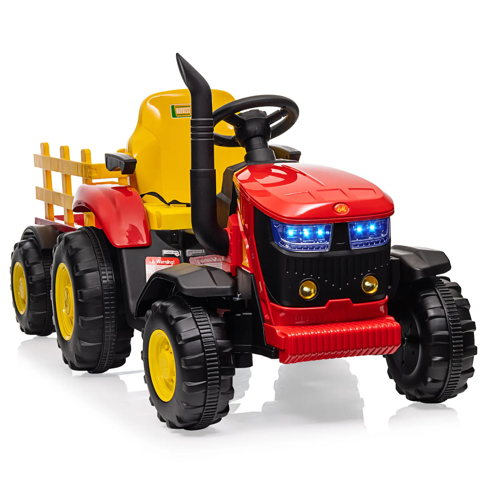【Christmas Gift】Red 12V Kids Electric Ride-On Tractor with Detachable Trailer, Dual 35W Motors, LED Headlights, Ft Pedal, USB Audio, Music, Parental Remote, Steering Wheel for Garden, Backyard Outdoor Playtime, Foot Pedal