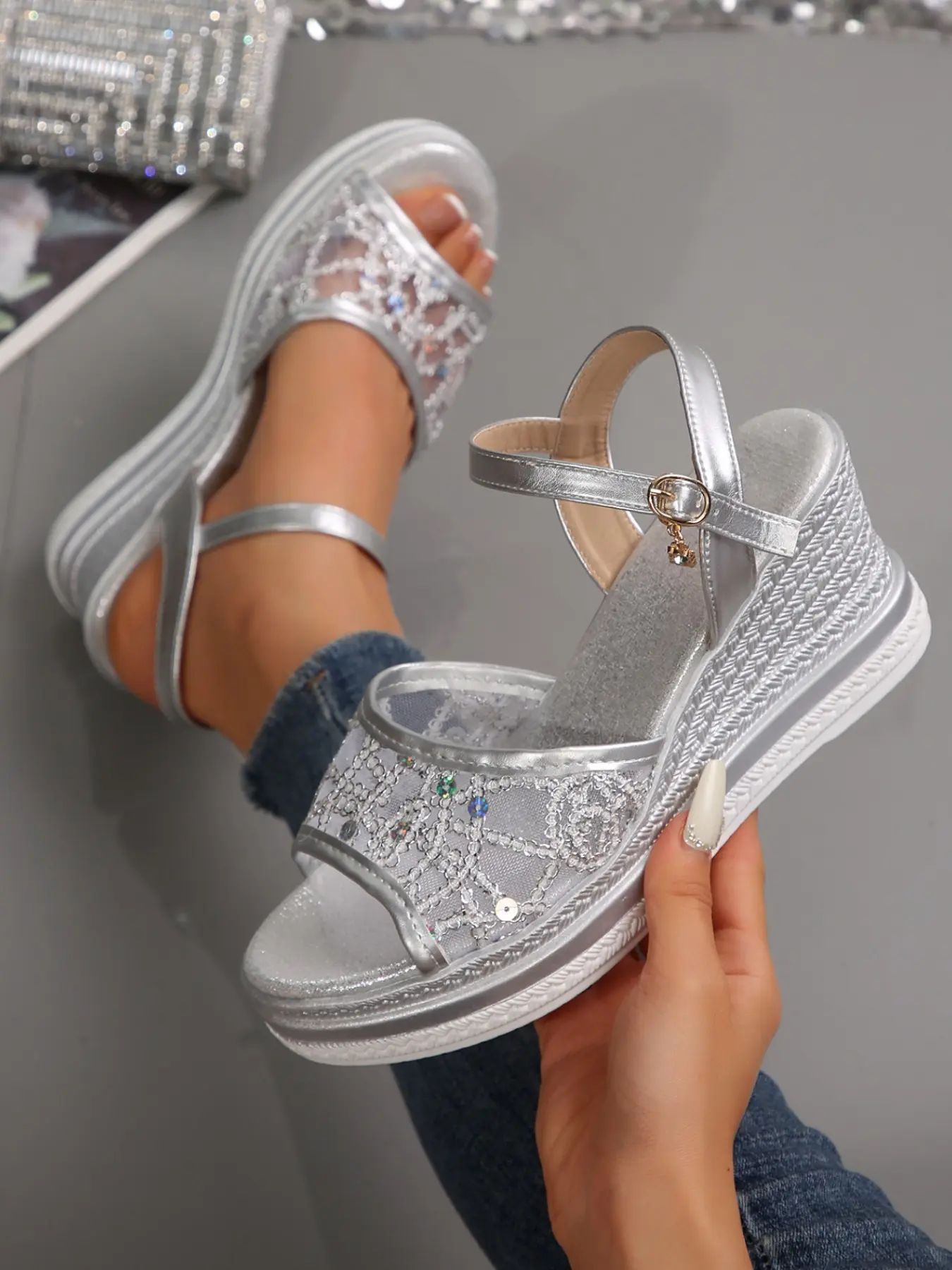 Lace Sequin Woven Heeled Sandals for Women, Fashionable Heeled Sandals, Elevated Sandals, Party Style, Formal, Evening Wedding Versatile Slippers, Casual PU Upper Material, Glitter Dress Sandals, Fashionable Party Shoes