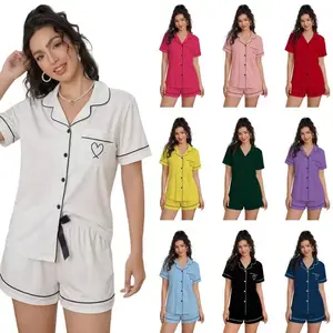Women’s Short Sleeve Pajama Set Soft Button Down Sleepwear 2 Piece Lounge Set with Shorts Cute Heart Pocket Nightwear S-XXL