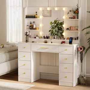 LAKEMID Modern Glass Top Vanity Set with Large Mirror Drawers Power Outlet 3 Color Adjustable Lighting for Bedroom White Design Desk LED Lights sound sync transparent gifts wives Charging Station RGB Makeup vanity desk