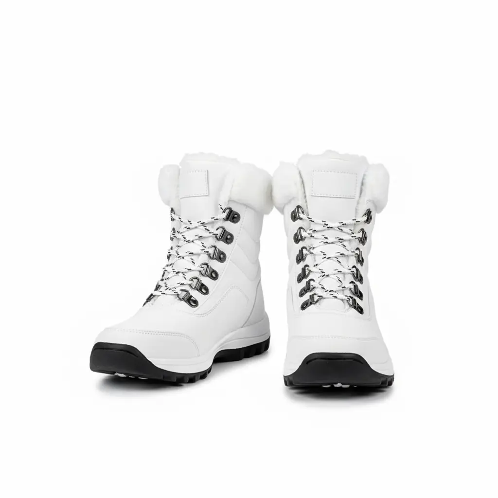 Women's White PU Leather Lace-Up Snow Boots - Warm Plush Lining, Waterproof, Synthetic, EVA, Round Toe, Cuban Heel, Cold Weather Walking Shoes, Rubber Sole (TPE, TPR, Etc.), Laces