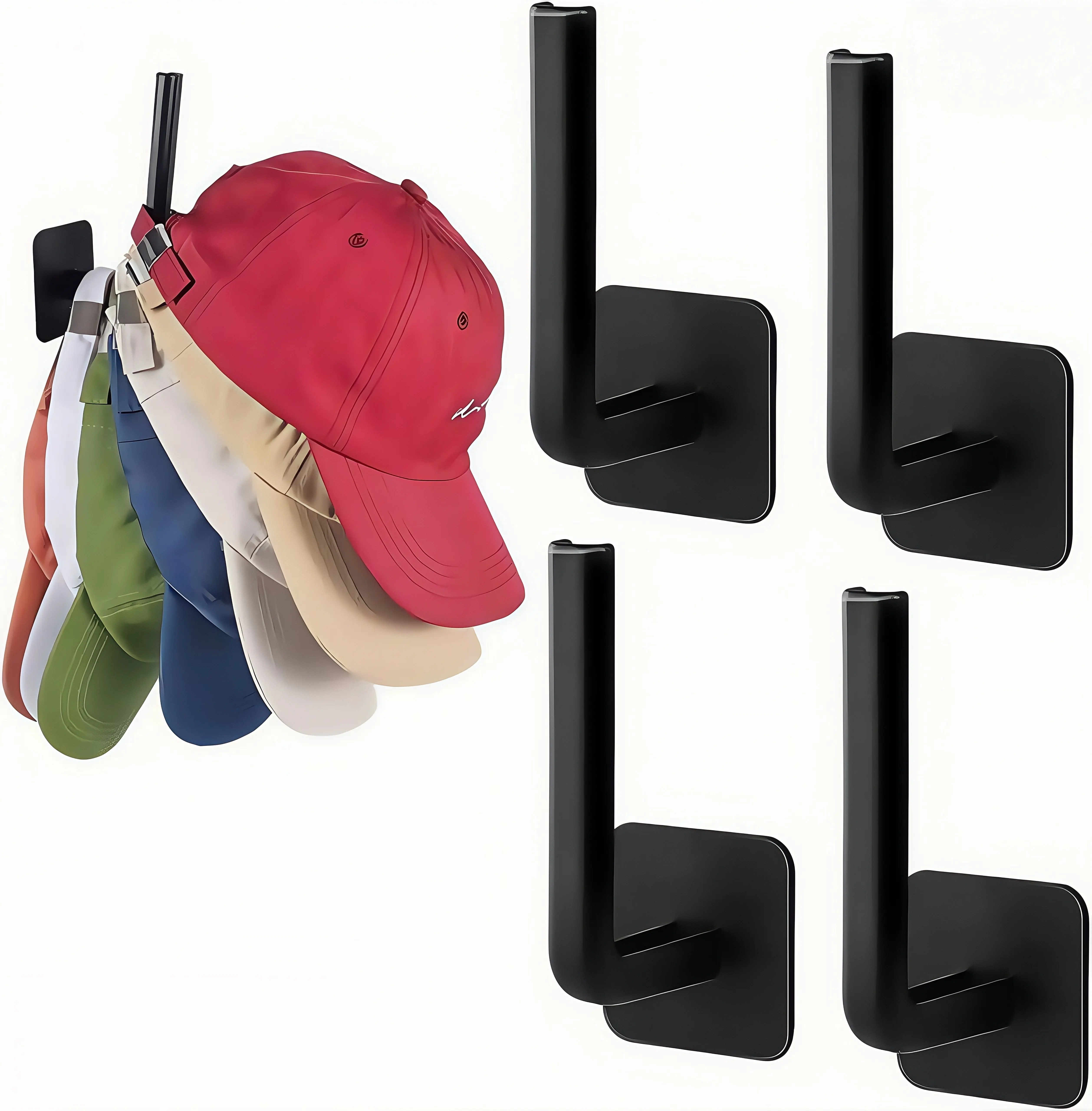 4 Pack Adhesive Hat Hooks for Wall, No Drilling Hat Rack for Baseball Caps, Strong Self-Adhesive Cap Hangers for Closet Door Bedroom Dorm, Curved Design Protects Hat Shape, Perfect Entryway Storage Organizer