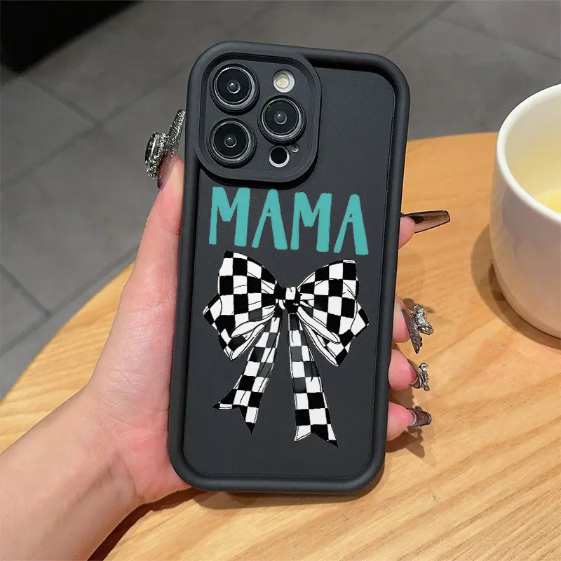 Black And White Checkered MAMA Bowknot TPU Silicone Protective Casing for iPhone, Durable Soft Cover with Lens Protection & 2D Printing, Compatible with iPhone 17 Pro Max,16,16e,15,14 Plus,13,12 Mini,11,Air,X,XS, Ideal Adult Accessory Gift, Smartphone, Ha