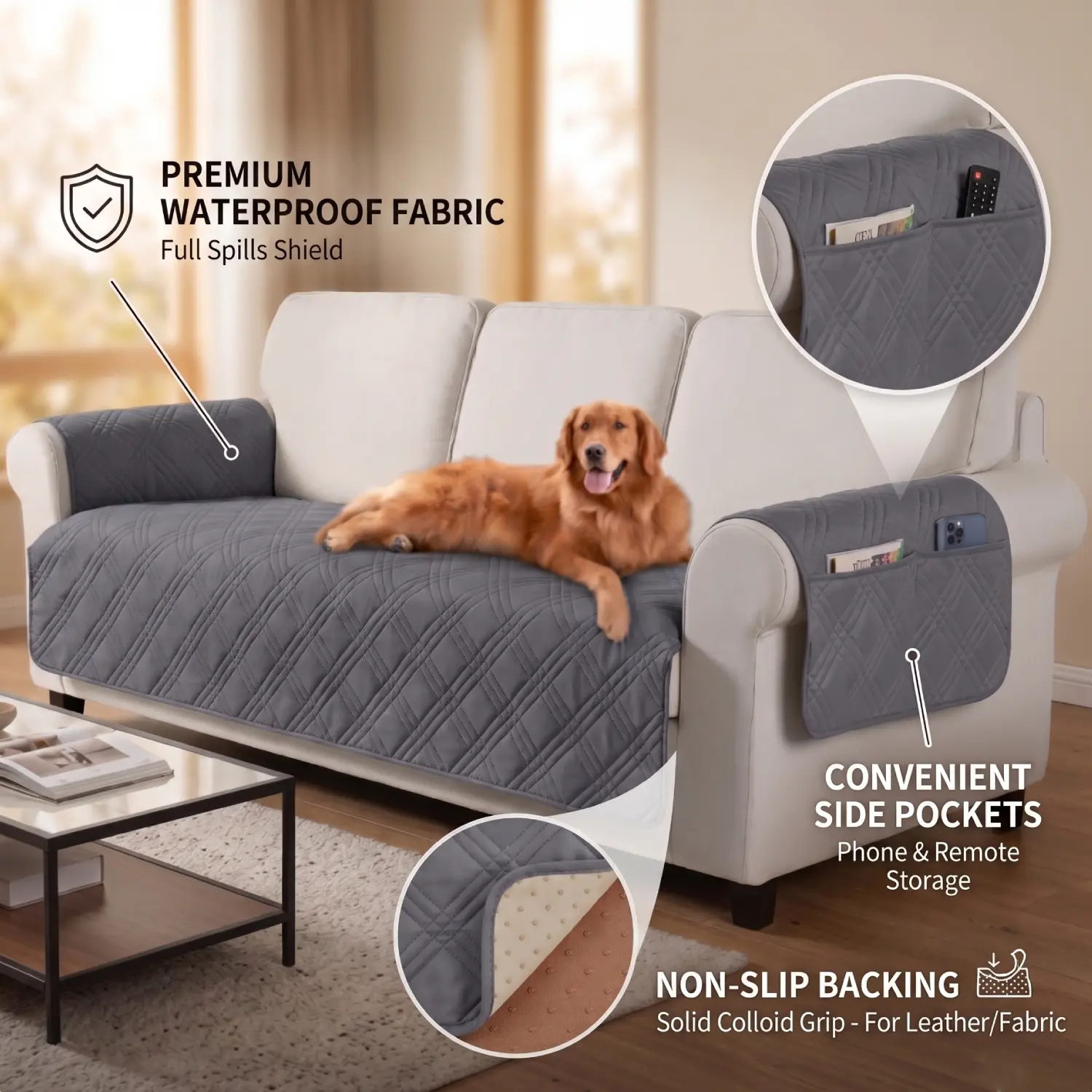 TAOCOCO Non-Slip Waterproof Sofa Cover for Dogs, Washable Couch Protector with Side Pockets for 3/4 Cushions
