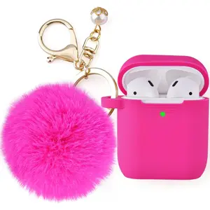 Compatible with Airpod 2&1 Case Cover, Cute Silicone Protective Accessories Cases/Keychain/Pompom, Best Gift for Girls and Women, Fuchsia Pink