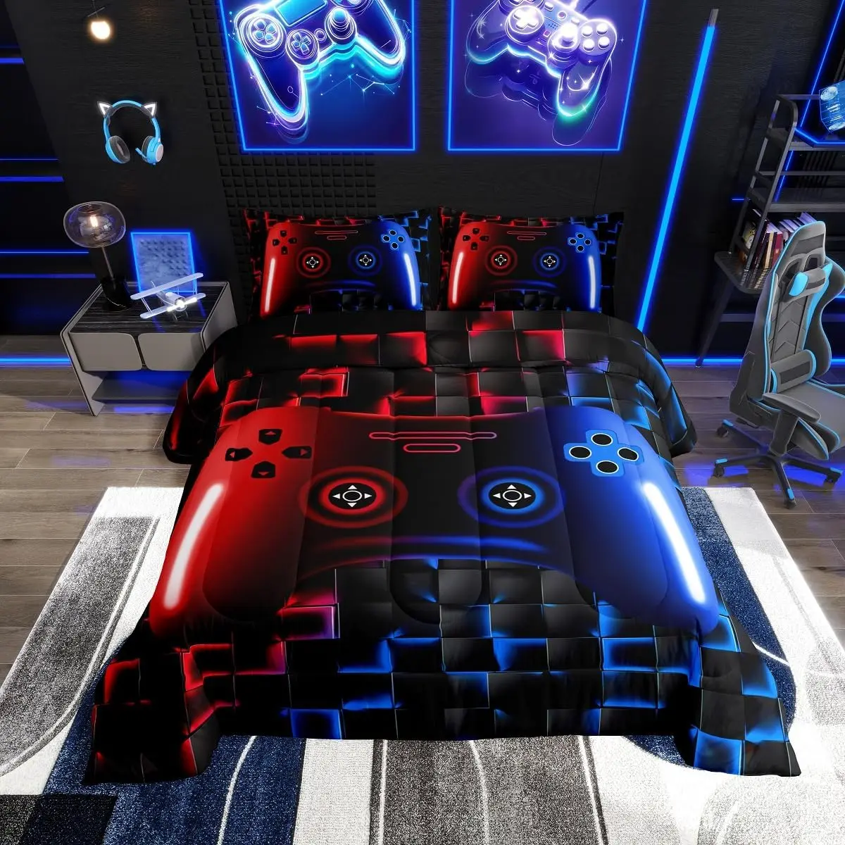 Feelyou Gamer Geometric Duvet Set - Soft Bedding Sets, Light Microfiber Quilt Cover, Neon Red-Blue-Black Glowing Game Console-Themed Lightweight Bedding