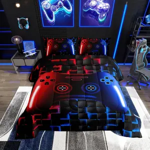 Feelyou Gamer Geometric Bedding Set - Soft Bedding Sets, Light Microfiber Duvet Quilt, Neon Red Blue Black Glowing Game Console-Themed Lightweight Comforter