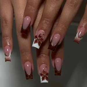 24pcs Medium Square Press-On Nails, Leopard Print French Style, 3D Gel Petals and Glitter Design, Easy Wear Acrylic False Nails Set Nail Kit
