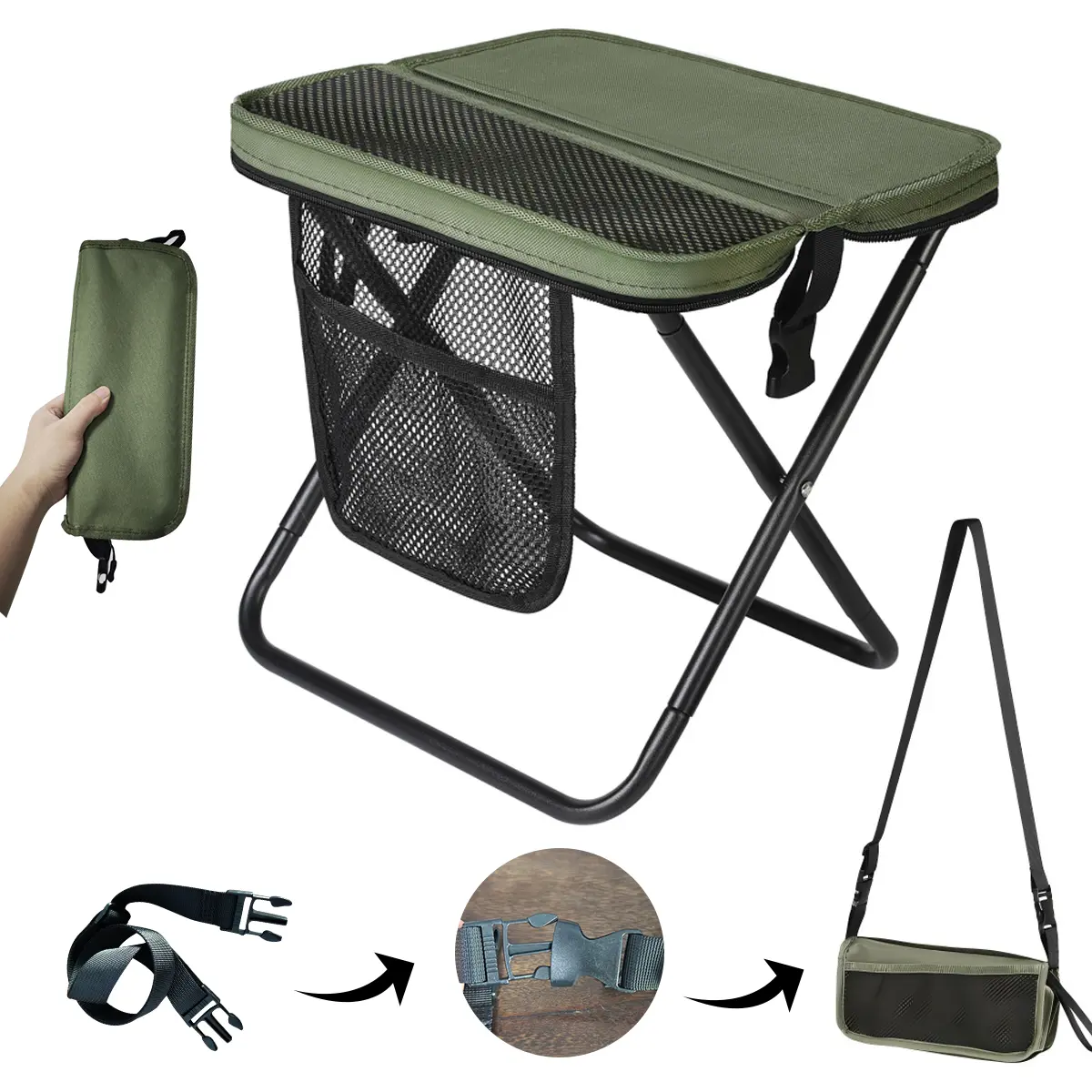Portable Outdoor Folding Chair with Compact Carry Bag, 0.5 lbs Ultra-Light Chair, Shoulder Strap, 2 Side Velcro Storage Pockets for Hiking, Ideal Gift for Adults