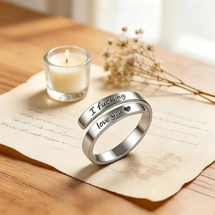 Stainless Steel "I  Fcking Love You" Engraved Heart Adjustable Ring – Vintage Promise Ring for Women Men, Valentine’s Gift for Wife Girlfriend