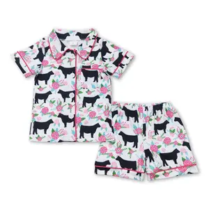Girls floral Cow Print Shorts & Button down Shirt Pajamas Set