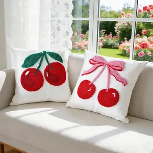 Cherry Embroidery Plush Pillow Cover, Style Circle Velvet Cushion Case for Bedside Sofa Office Backrest Living Room Window Seat