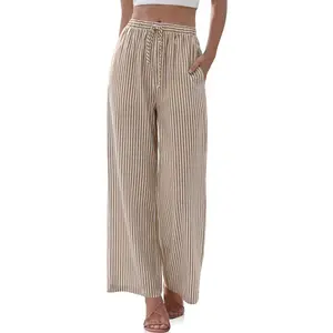 Womens Linen Striped Gingham Wide Leg Pants Palazzo Drawstring Lounge Pajama Pants Cute Casual Trousers with Pockets