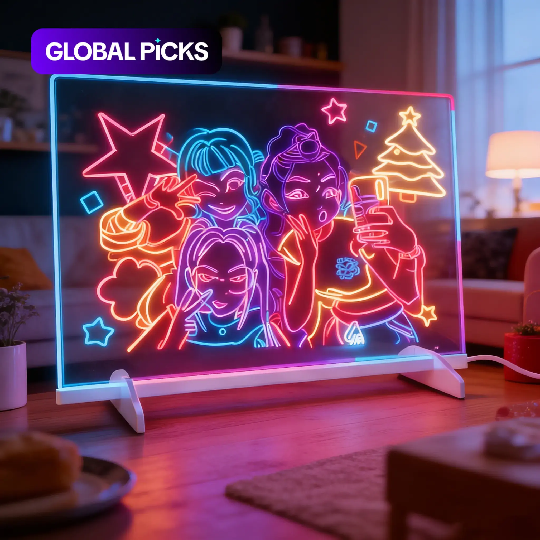 Art Display Neon Accent Light, LED Color Luminous Acrylic Drawing Board with Stand, Large Erasable Memo Board with 7 Colors of Light, 7 Marker Pens and 2 Cloths, Christmas Gift #GLOBAL PICKS