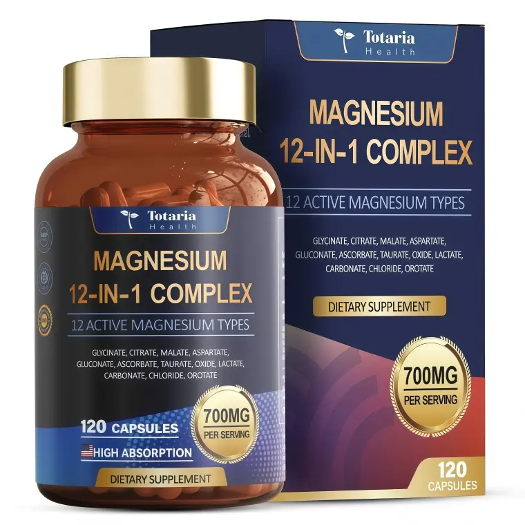 12-in-1 Magnesium Complex 700mg - Supplement with Glycinate Citrate Malate Oxide Taurate Aspartate Orotate, Vegan Capsules for Muscle, Heart, and Relaxation Support-Provides support for muscles, heart health, and relaxation, promoting overall well-being