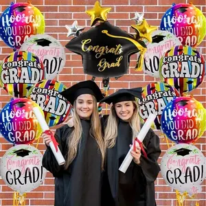 13pcs Graduation Foil Balloons Set, 18 Inch Congrats Grad Balloons, Ribbon & Straw, Reusable Party Decorations