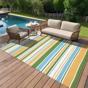 9x18 Outdoor Waterproof Plastic Straw Rug, Geometric Stripe Modern Lines Large Reversible Area Rug, Yellow Blue Green White Portable Camping Mat for RV Porch Deck Backyard Balcony