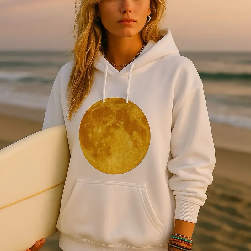 Golden Full Moon Hoodie, Oversized Celestial Hoodie, Astrology Sweatshirt, Lunar Graphic, Boho Beachwear ,Cozy Gift for Her Womenswear Casual Pullover Long Sleeve Tops