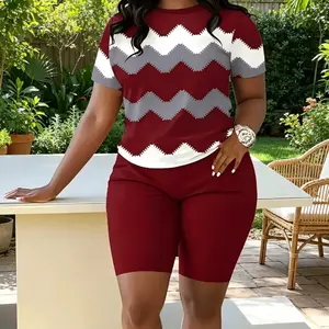 Plus Size Women's Two-Piece Set - Summer 2025 Casual Outfit, Loose Fit Comfortable Suits, Vibrant Wave Pattern | Minimalist Chic, Trendy Matching Sets, Cute & Aesthetic Spring Outfits Breathable Fabric short t-shirt Womenswear Suits Clothes