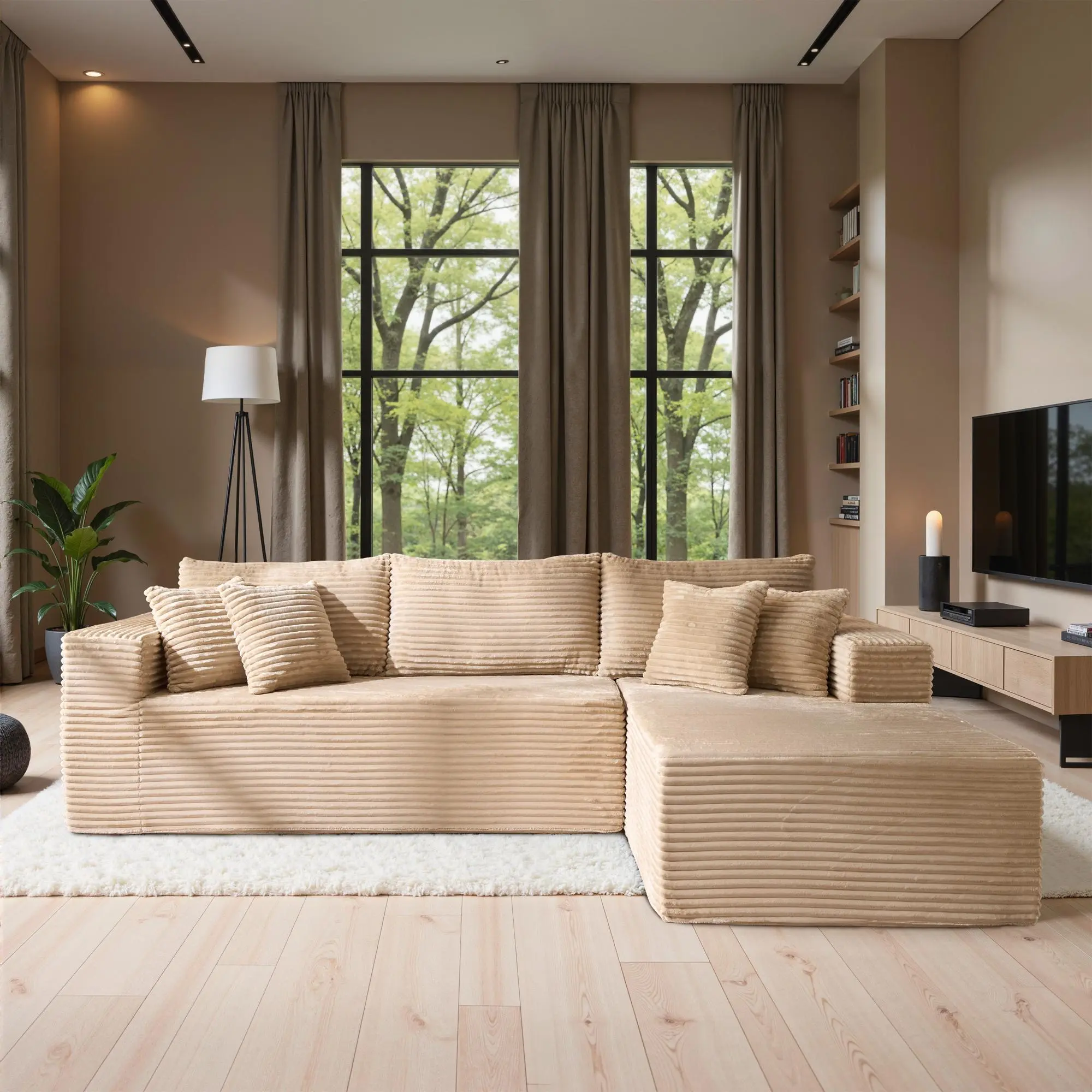 Beige Corduroy Right Chaise Without Ottoman