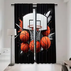 2-piece basketball basket printed curtains, made of semi transparent polyester fiber material with pole bag design, suitable for bedroom, living room, dining room decoration, year-round room decoration, preferred by basketball enthusiasts, Window Curtain