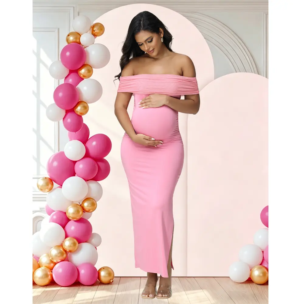 Women's Maternity Off-Shoulder Mesh Split Long Dress - Stretch Polyester Maternity Apparel, Pregnancy Clothes with Figure-Flattering Fit for Gender Reveal, Baby Shower Parties
