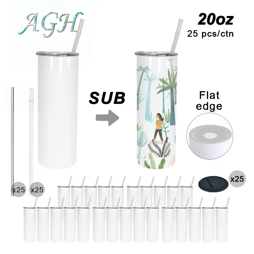 AGH 25pcs 20oz Sublimation Blank Flat/Round Edge Tumbler with Metal Straw Rubber Bottom Stainless Steel Double Wall Insulated Cup Flask Drinkware