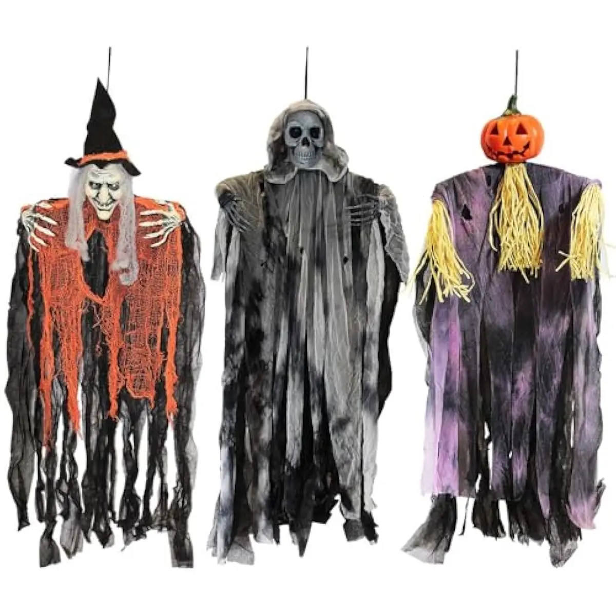 3 Pack 35 Hanging Ghosts Witch Pumpkin Decor Hanging Halloween Decorations Outdoor Halloween Decor, Scary Flying Witch Grim Reapers Haunted House Front Porch Decor Yard Garden Lawn Party