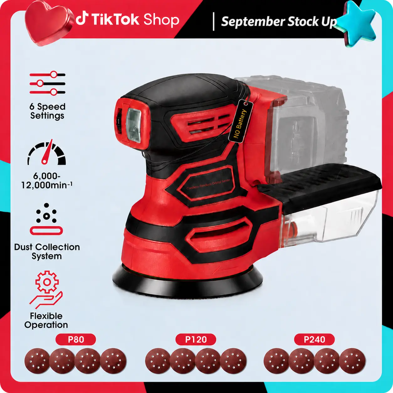18V Input Brushless Cordless Random Orbital Sander (No Battery, Compatible with Milwaukee 18V Batteries), 6-Speed (6,000–12,000 RPM), 5-in Pad, Dust Collection, 12-Piece Sandpaper Set (#80×4/#120×4/#240×4) for Wood, Metal Sanding, Paint Removal