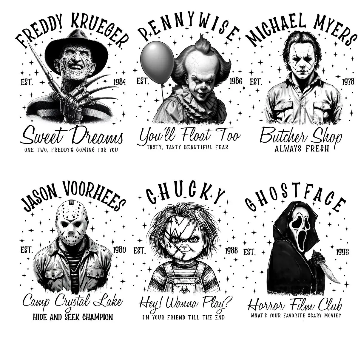 Halloween Horror Movie mini Characters premade DTF gang sheet-6 adult prints Graphic Garment Summer Tshirt Womenswear