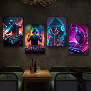4pcs/set Frameless （2D）Neon Design Music Cool DJ Headphone Poster Canvas Painting Abstract Pattern Print Wall Art For Modern Bar Club Room Home Decor Unframed Wall Art Cuadros （No LED）