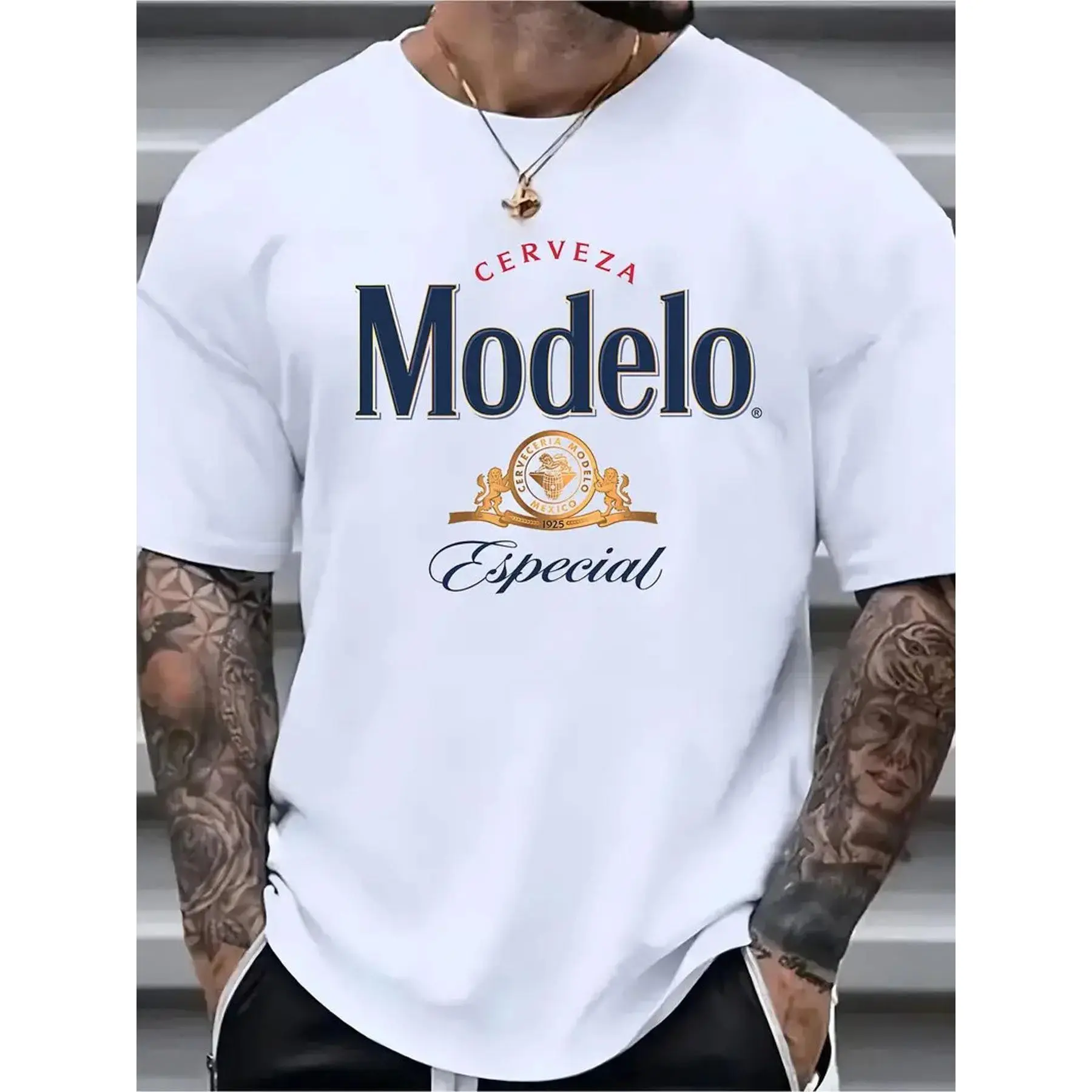 Modelo Men'S Premium Pure Cotton T-Shirt Casual Round Neck Short Sleeved Shirt, Unique Printed Design, Breathable And Machine Washable White
