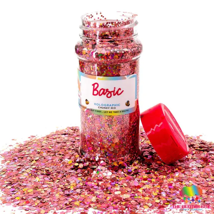 Rose Gold Chunky Mix Holographic Glitter - Non-Toxic Polyester Cosmetic Glitter for Basic DIY Crafts, Nail Art, 100mL Shaker, 75 Color Variations, Hexagon Cuts, Rainbow Shine, Clump-Free, Easy Cleanup, 68-72G