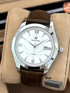 1PC Men's Business Watch, Business Fashion Watches, Sungrain Oil-pressed Surface Three-dimensional Dial, Simple Calendar, Silver SUS304 Stainless Steel Case, Brown Leather Strap, Quartz Watch, As A Gift For Father, Suitable For Daily Wear