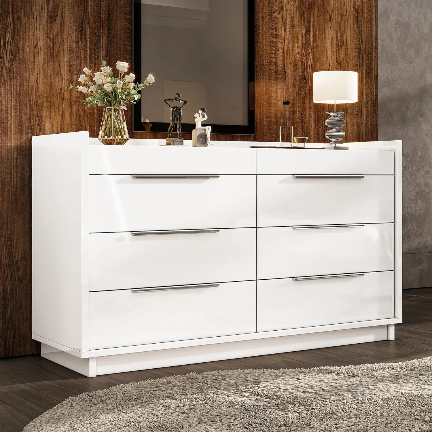 AMERLIFE Modern LED 5/8 Drawer Dresser Set with Glass Tabletop, Jewelry Storage, Lift-Top Mirror & High Gloss Finish for Bedroom, Living Room, Dressing Room/Best Gift Ideas/Christmas Gifts[tiktokshopbacktoschool][SohoChic]