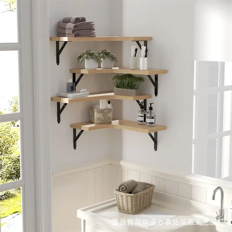 Wooden shelf wall mounted corner floating shelf triangular green plant rack decorative shelf living room solid wood storage rack