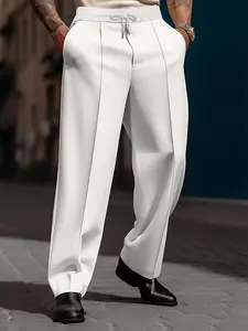 Men's Elegant Mid-Waist Fitted Elastic Straight Casual Trousers - Polyester Menswear with White Line Decoration, Side Premium Print, Neatly Shaped Plain All-Seasons Pants for Travel, Gifting