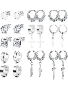 11 Pairs Earrings for Men Black Stud Earrings Mens Stainless Steel Dangle Cross Earrings for Men Women Jewelry Piercing Hoop Mens Earrings Set Studded Cross Earrings