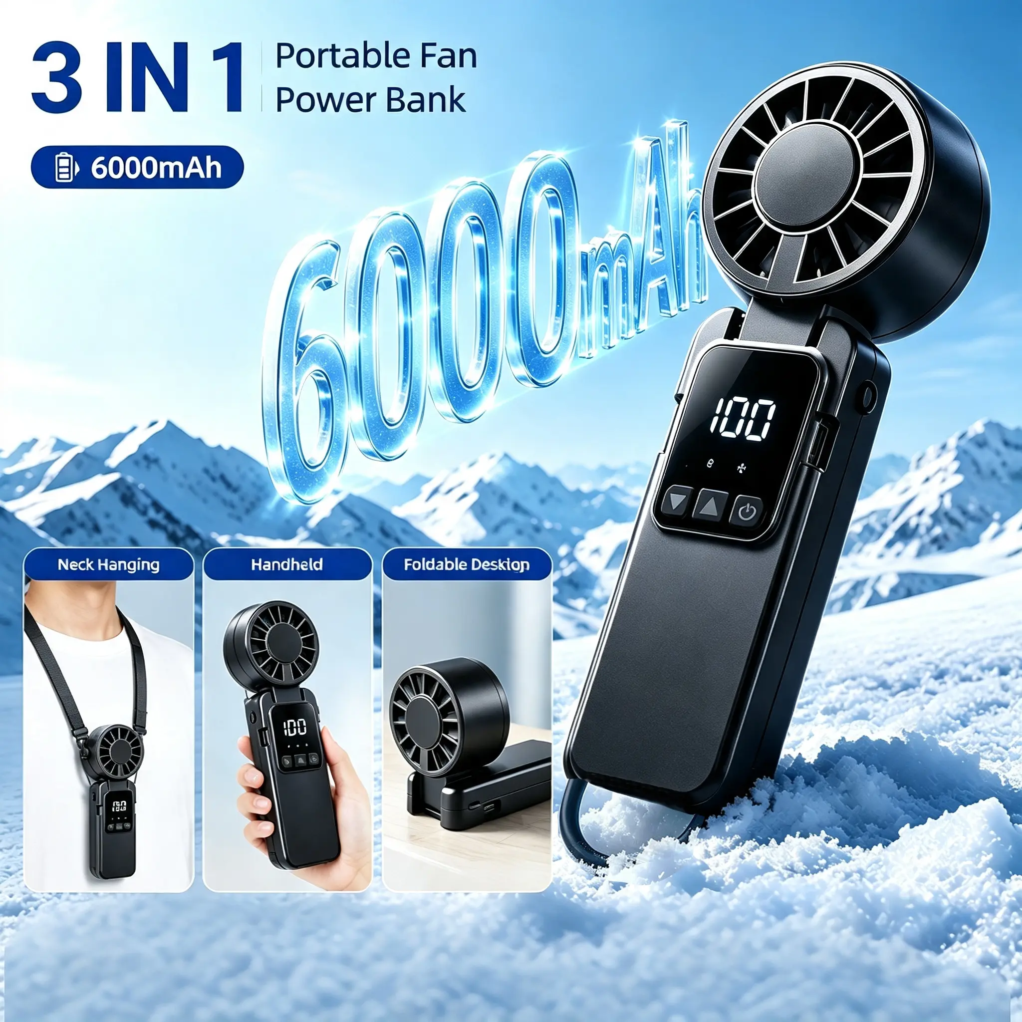 Summer Handheld Fan – 199-Speed 6000mAh Super Powerful Rechargeable USB Cooling Beast, LED Display Foldable Mini Air Conditioner, Instant Ice-Cool Relief for Summer Heat, Travel & Outdoor Survival,summerwins,dorm essentials,home essentials Hands Free Fan