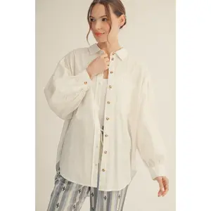 Jodifl Drop Shoulder Long Puff Sleeves Button Down Shirt