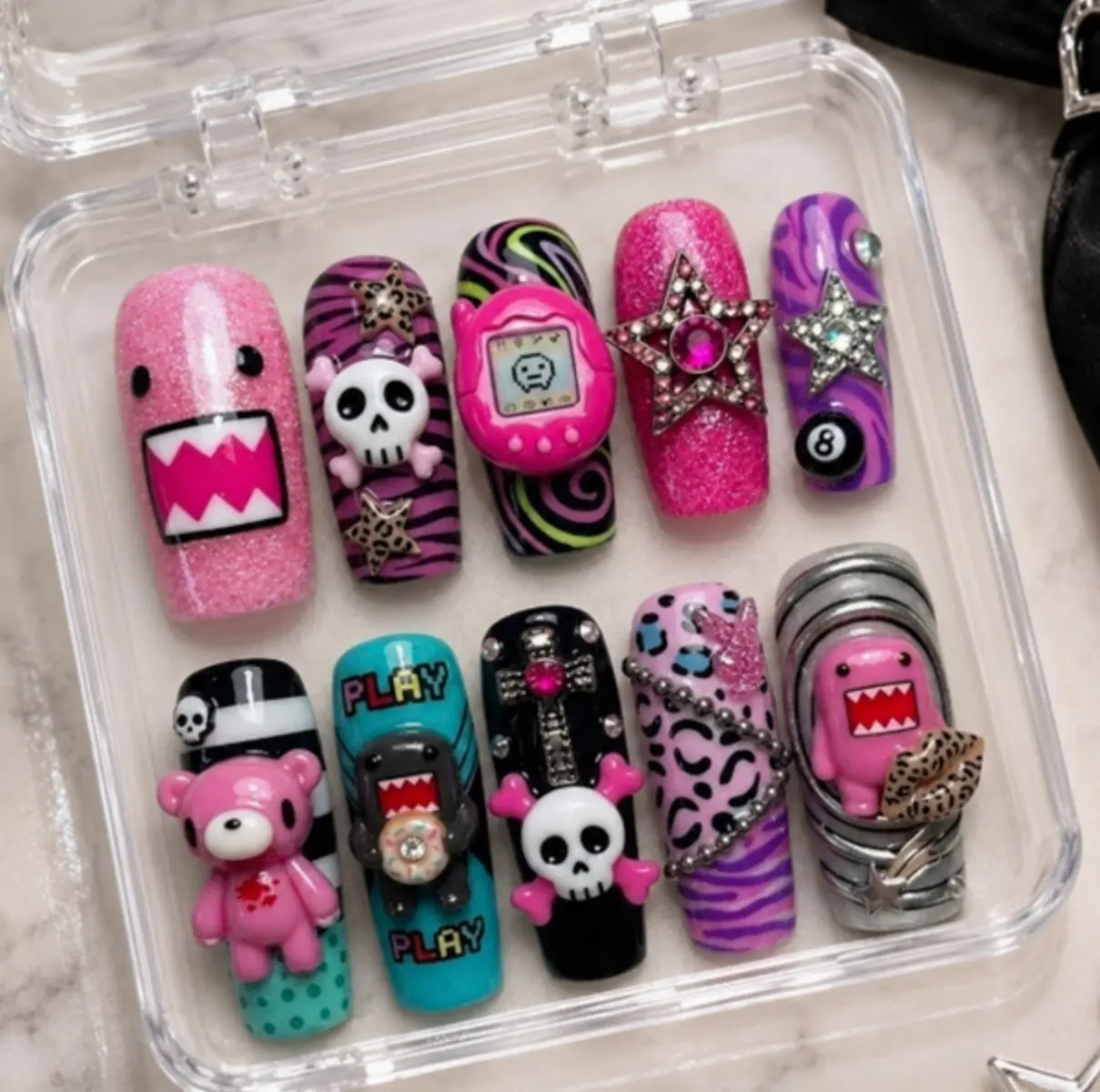Y2K Gamer Press On Nails, Pink Purple Skull Design, Retro Digital Pet Charm, Glitter Zebra Pattern, Handmade Scene Aesthetic Nail Set