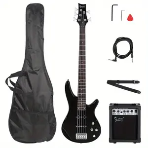 5 String Full Size Electric Bass Guitar Kit with SS Pickups, USB-Powered AMP, Gig Bag, Strap, Picks, and Accessories for Experienced Players, Solid Body Design and Durable Construction