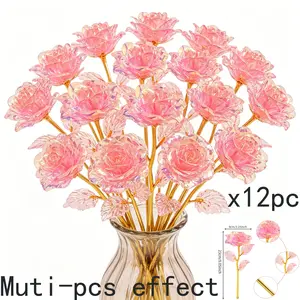 12 Pieces Crystal Simulation Eternal Rose Flowers Premium Luxury Decor Bouquet Arrangement No Maintenance Ideal for Mother's Day Valentine's Day Wedding Home Indoor Outdoor All Season Decoration