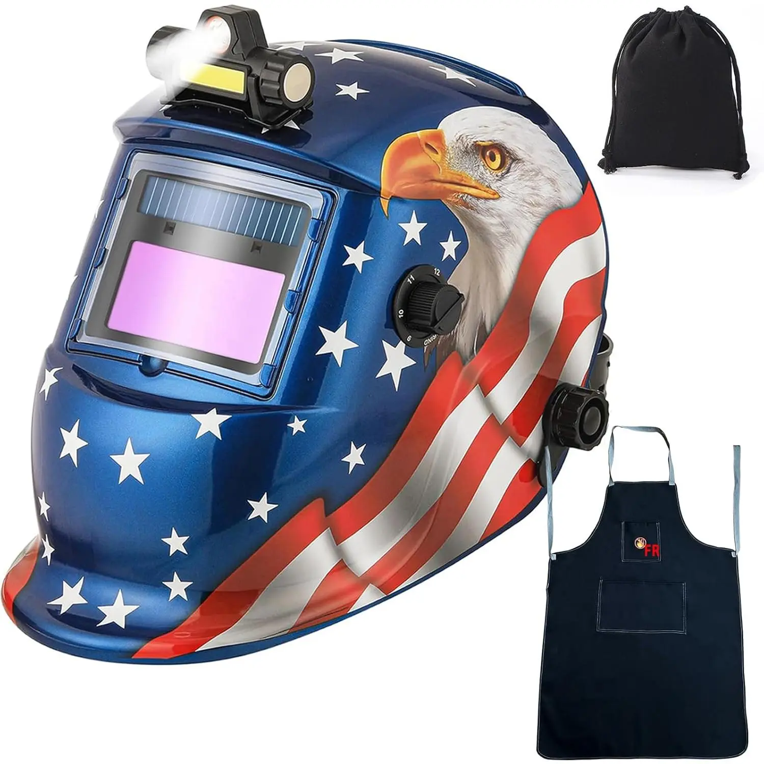 Auto-Darkening Welding Helmet with LED Light, True Color Recognition, Solar Panels, 18.3 oz, Adjustable Headgear, DIN 4/9-13 Shade, 3.62”x1.65” View Area, Fast Auto-Darkening for MIG TIG Arc Welding (Blue Eagle + Welding Apron), Integrated Visor
