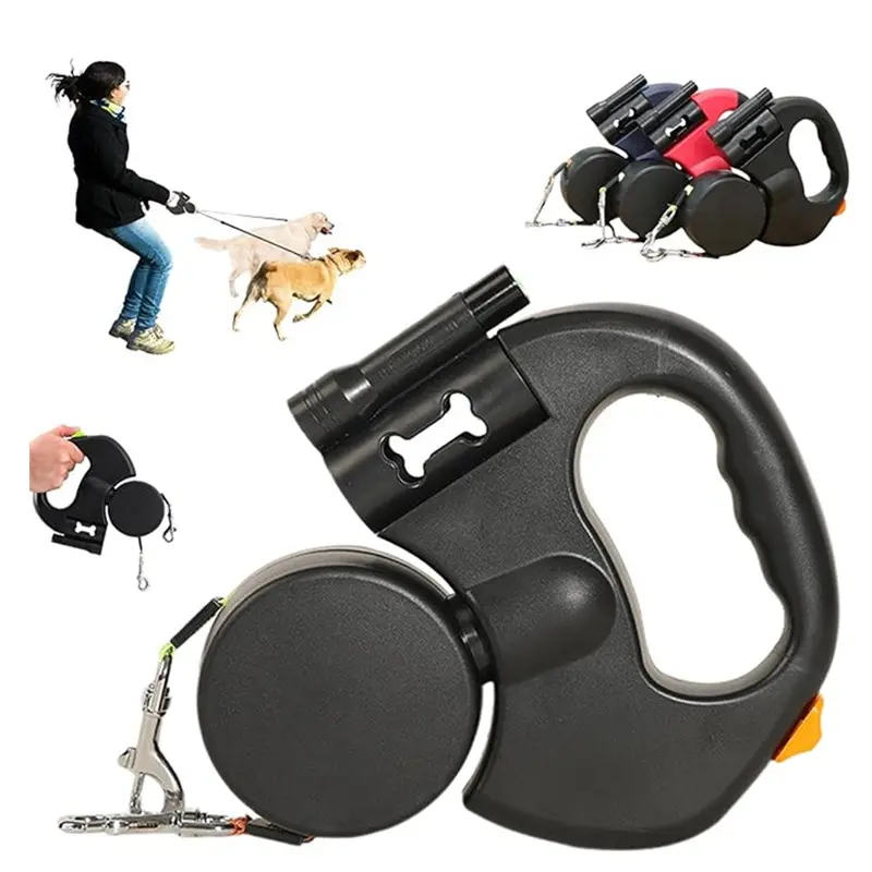Dual Retractable Dog Leash, 360° Rotating Tangle-Free Design with LED Flashlight