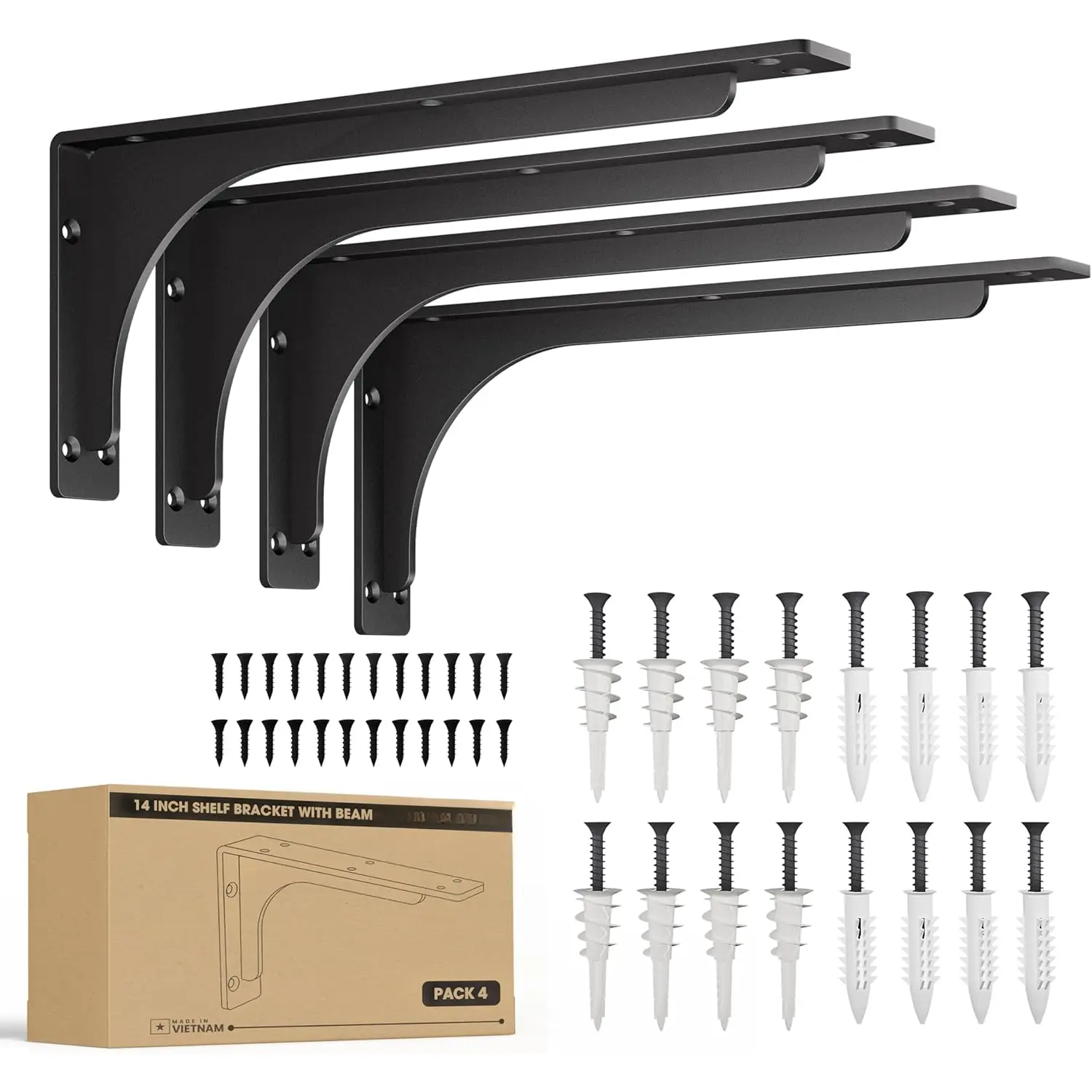 14" x 6" L Bracket with Beam - Shelf Brackets Black 300 Lbs Capacity - Heavy Duty Shelving Brackets for Floating Shelves - Wall Mounted Support for DIY - Mounting Hardware Included (Pack 4)