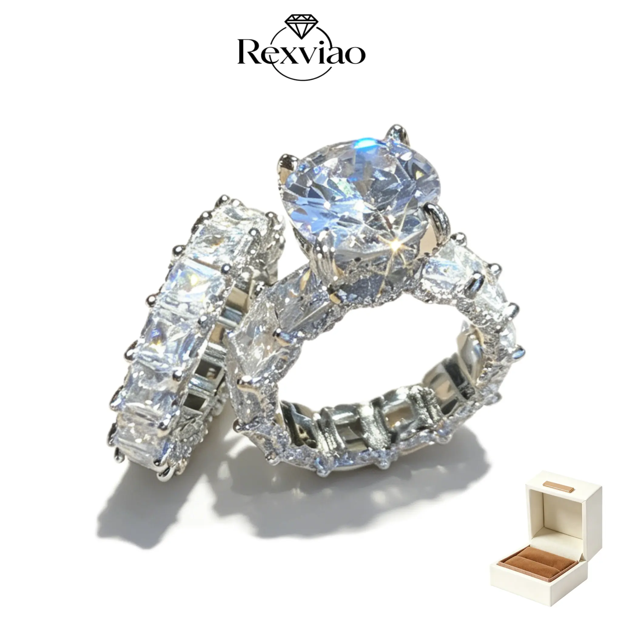 Rexviao Women's 2-Piece Extra-Large Square Cubic Zirconia Stackable Rings, Comfortable Sizes 6-10, Engagement Ring Sets for Proposals, Valentine's Day Gifts with Exquisite Packaging, Engagement Rings