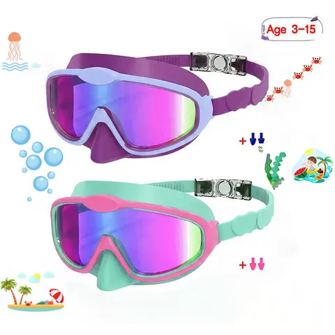 Children's Swimming Goggles 2 Pack Leak-proof, anti-fog, anti-UV wide-view children's HD goggles for boys and girls aged 4-10 years old