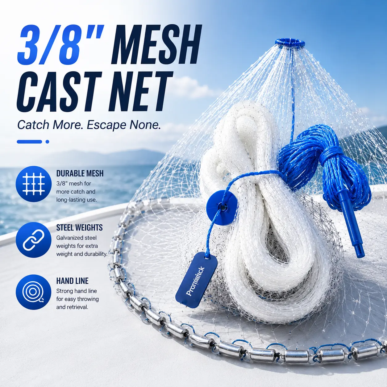 8ft Radius Heavy Duty Easy Throw Hand Cast Net with Chain Sinker - 3331 Set for Saltwater Fishing Gear Supplies, Outdoor Fishing Gear, Outdoor Fishing Supplies
